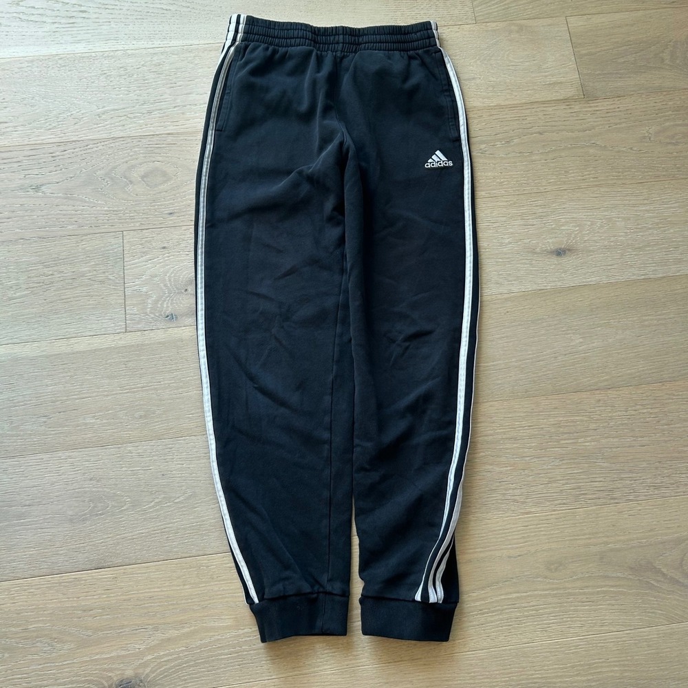 Adidas Boys Black Fleece Joggers Three Stripe Athletic Pants Size L 14/16